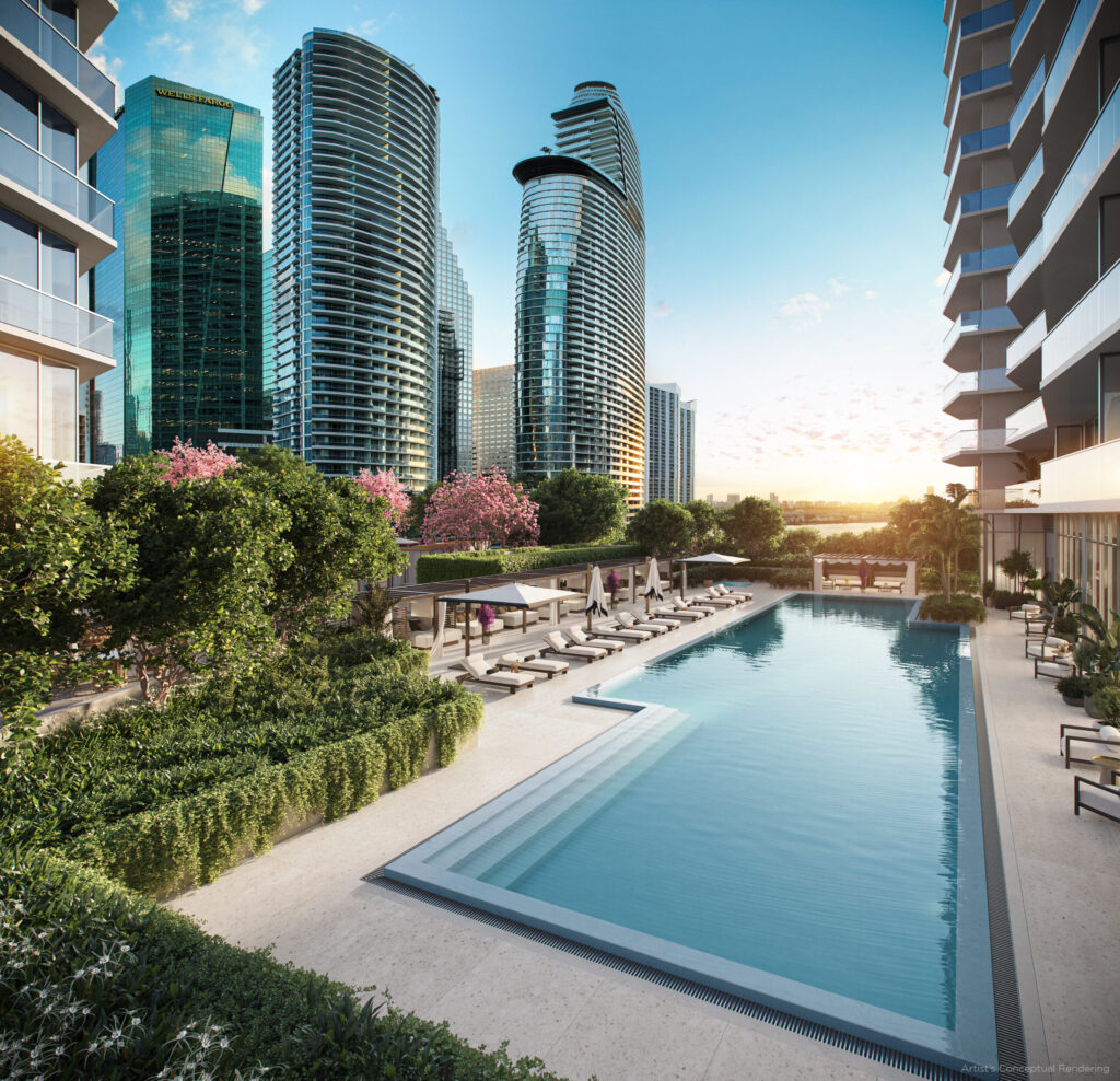 Viceroy Brickell rooftop pool deck with panoramic views of Biscayne Bay and downtown Miami skyline