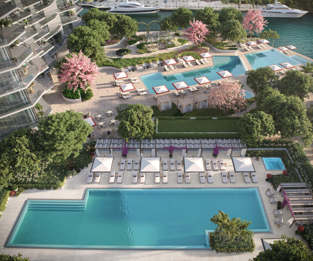 Viceroy Brickell 14th-floor resort amenities deck with heated pool and Biscayne Bay views