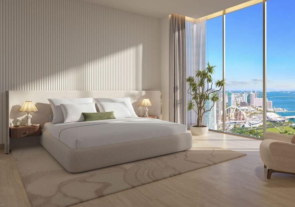 Delano Residences Miami bedroom interior rendering with bay views