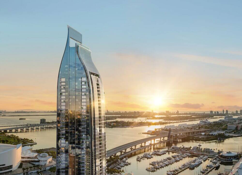 Delano Residences Miami exterior rendering with Biscayne Bay and skyline