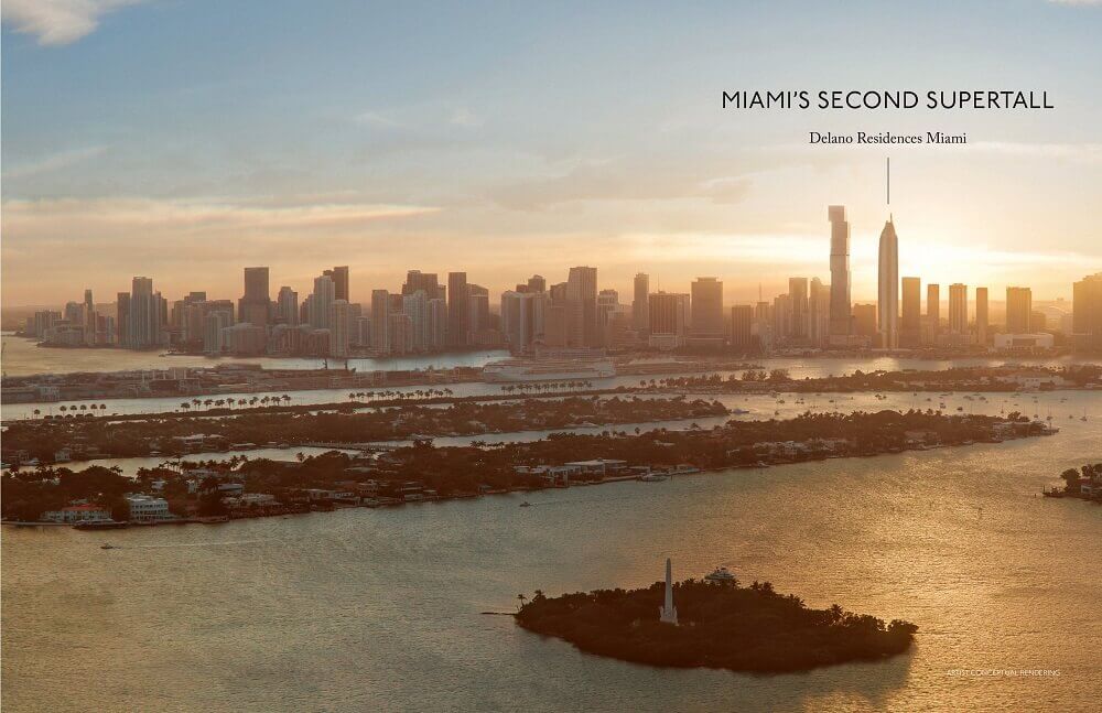 Aerial rendering of Delano Residences Miami in the Downtown Miami skyline