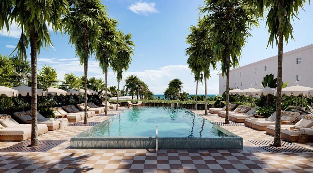 Delano Residences Miami pool deck rendering with ocean views