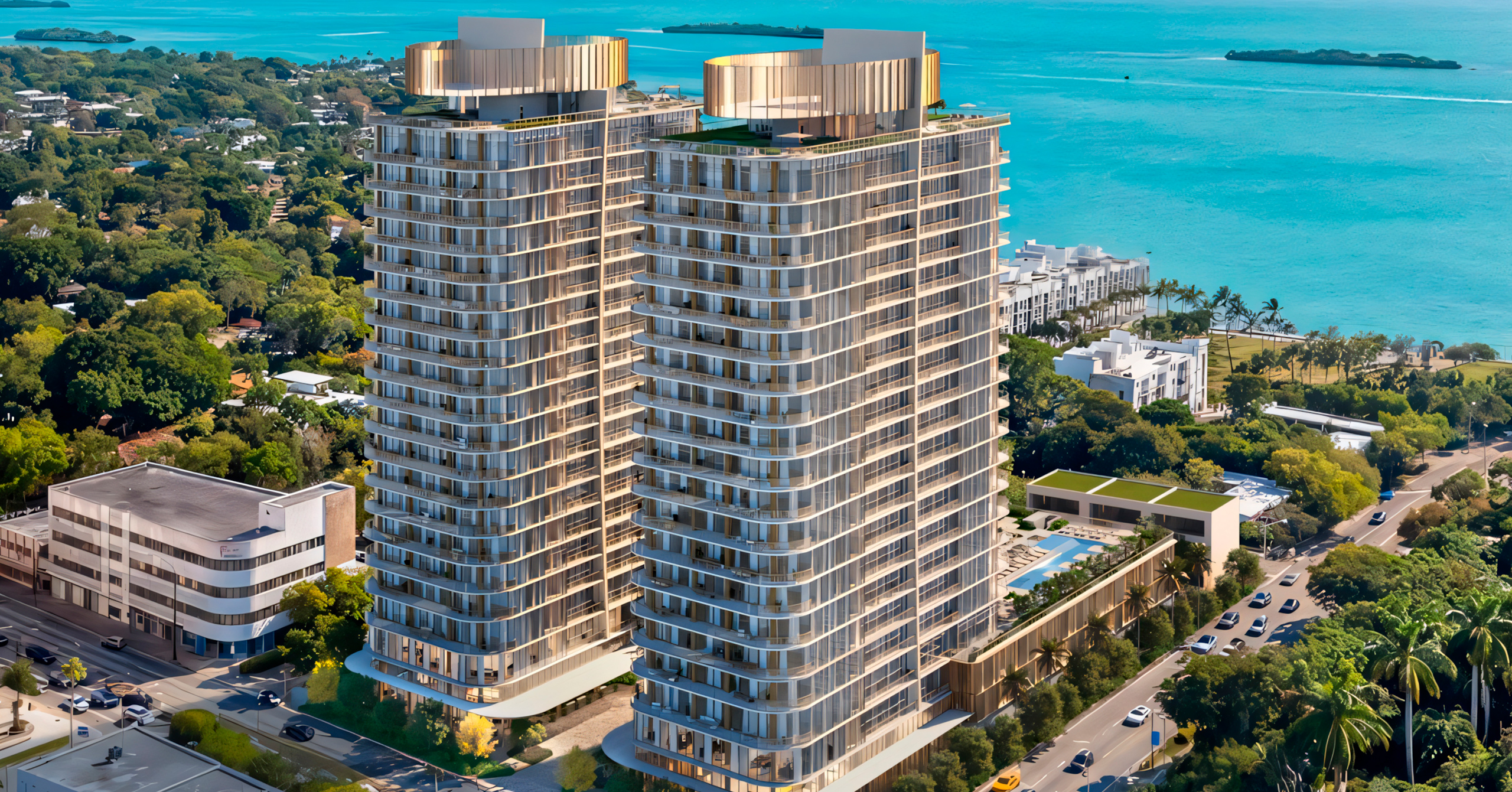 Aerial rendering of Kempinski Residences Miami Design District twin towers with Biscayne Bay
