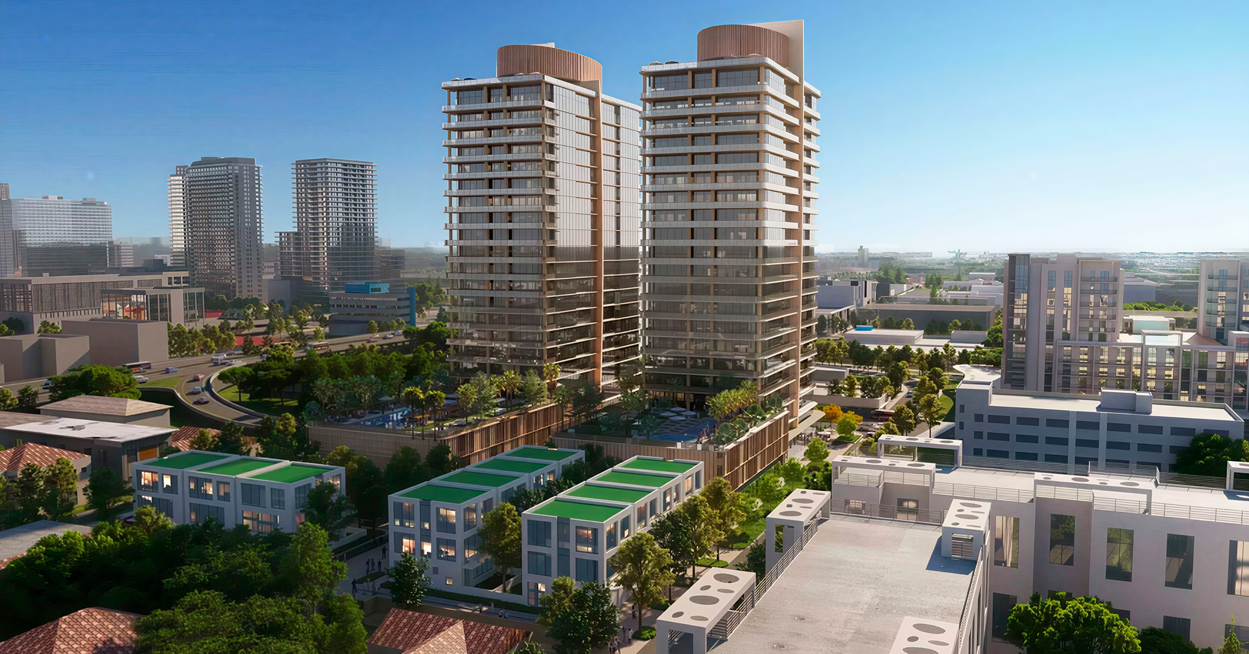 Aerial rendering of Kempinski Residences Miami Design District showing twin towers and townhomes with green roofs