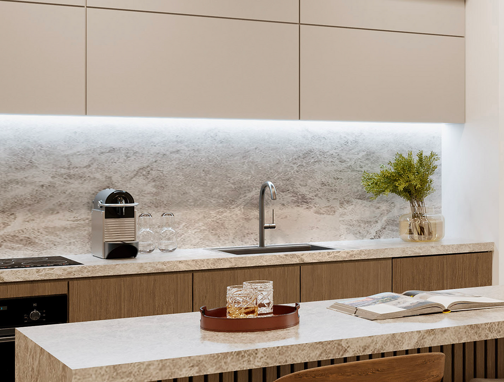 Vista Harbor Residences kitchen rendering with Italian cabinetry and Sub-Zero appliances