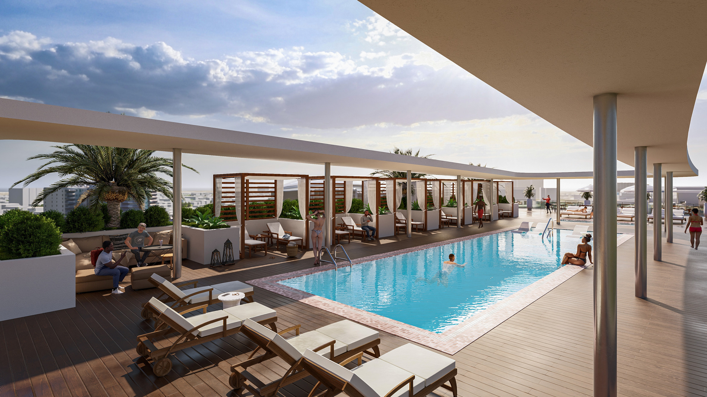 Vista Harbor Residences rooftop pool deck rendering with cabanas and Brickell views