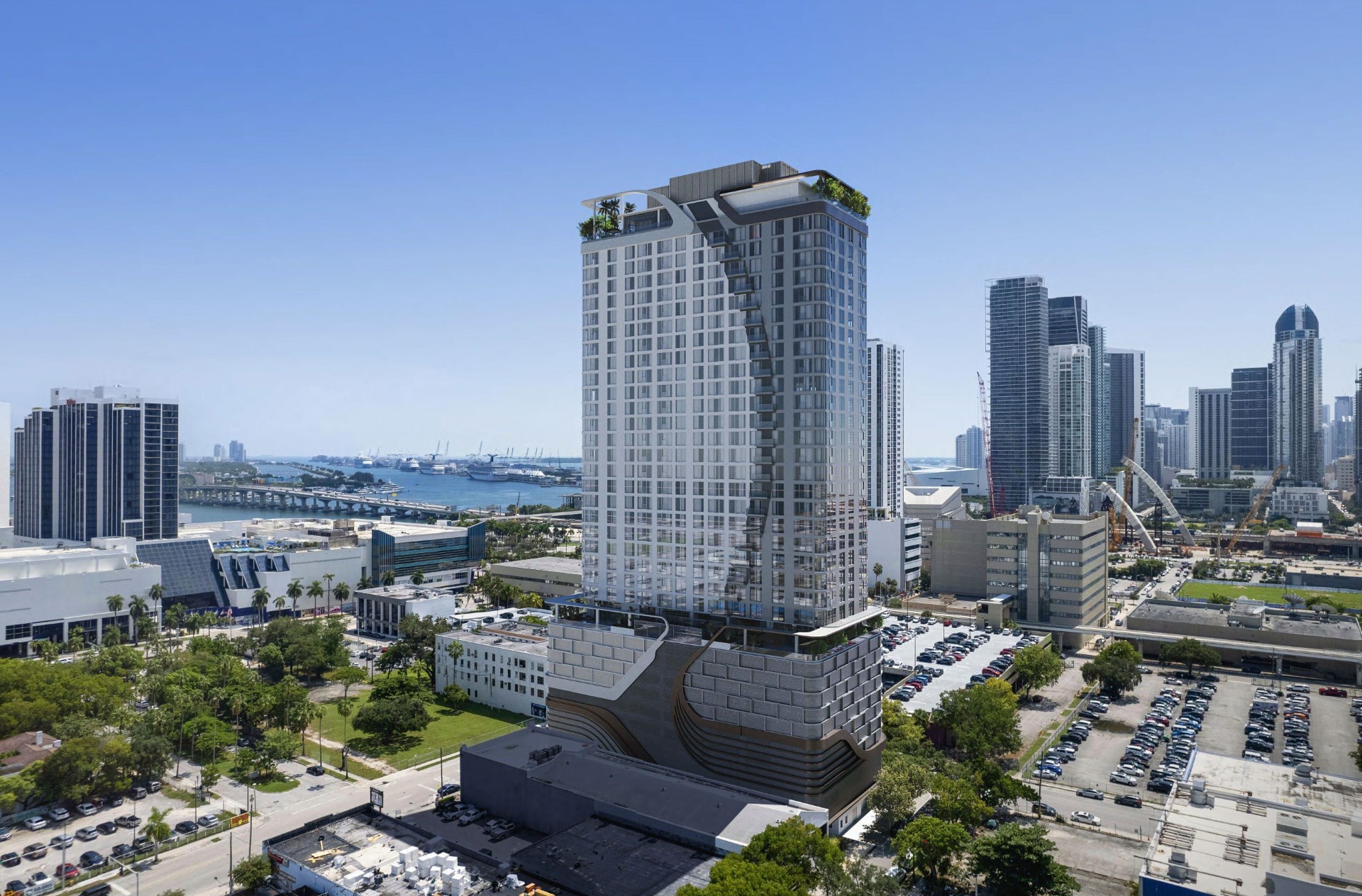 Aerial rendering of 1600 Edgewater with Biscayne Bay and downtown Miami skyline in background