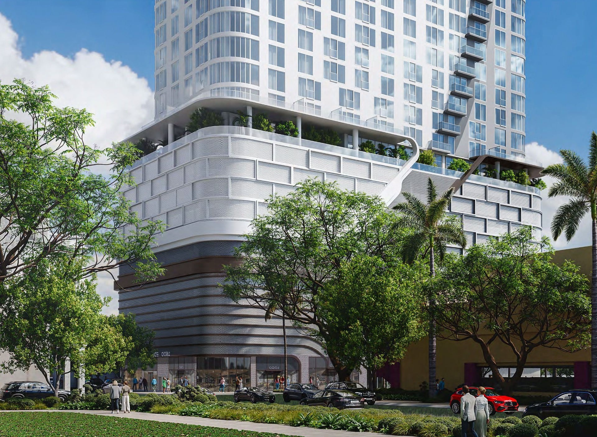1600 Edgewater podium rendering showing ground-floor retail and amenity deck