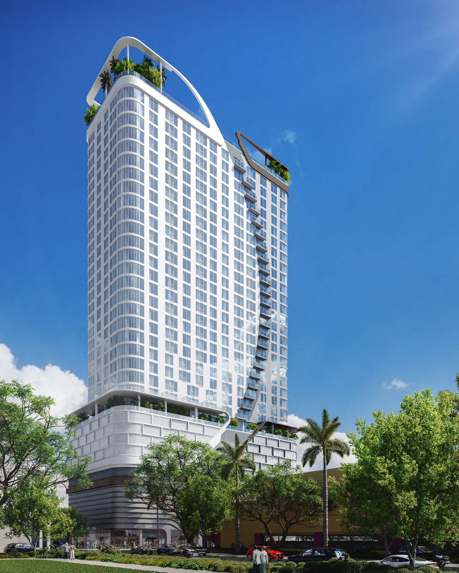 1600 Edgewater tower rendering showing curved balconies and rooftop amenity deck, Miami