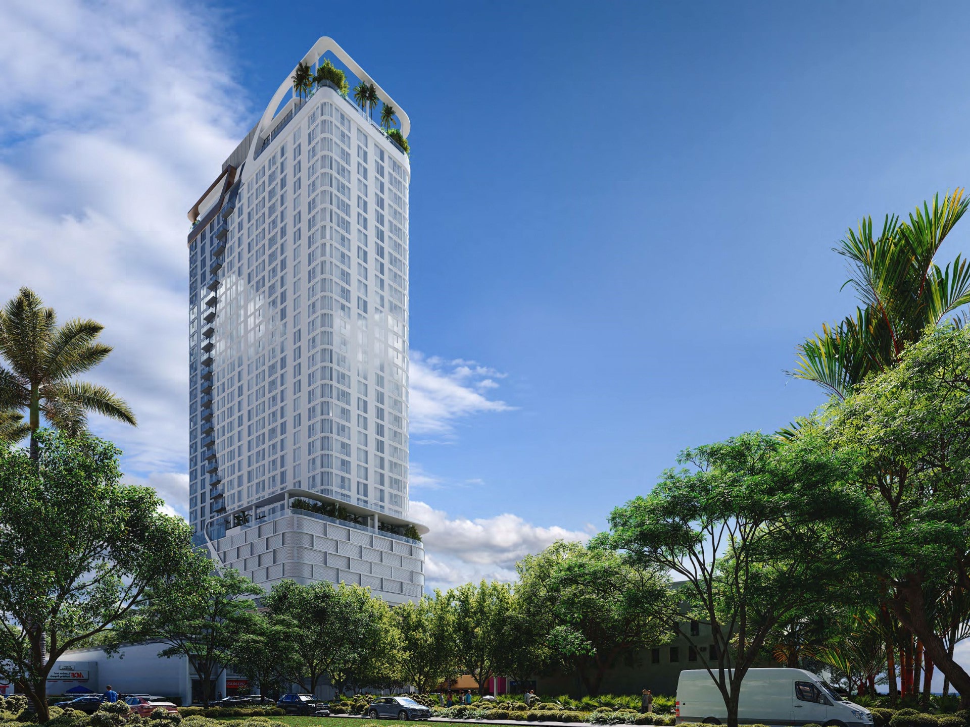 Street-level rendering of 1600 Edgewater tower viewed through tropical palms, Miami