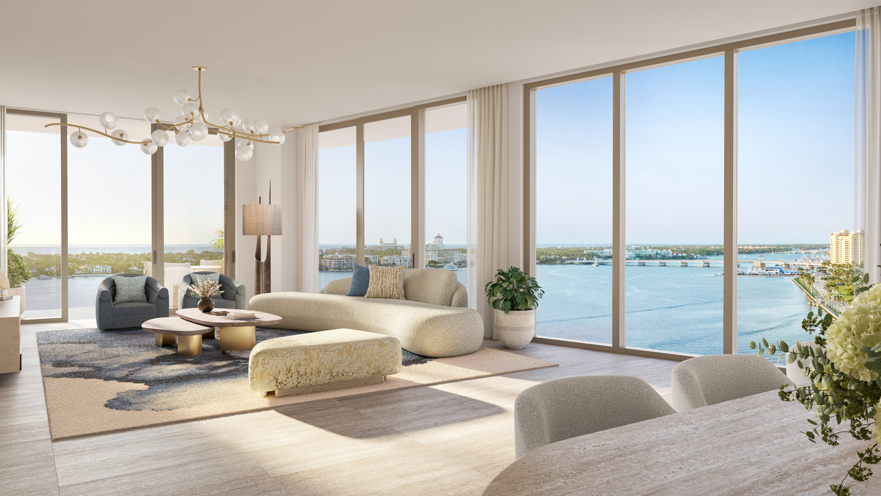 Ritz-Carlton Residences West Palm Beach interior living room with waterfront views