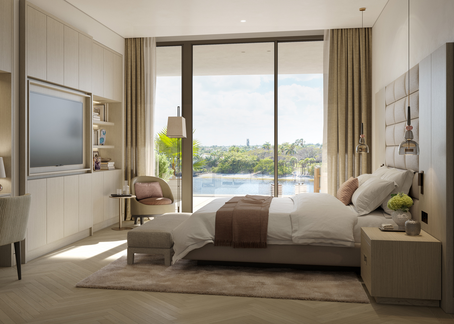 Rosewood Residences Hillsboro Beach bedroom interior with ocean views