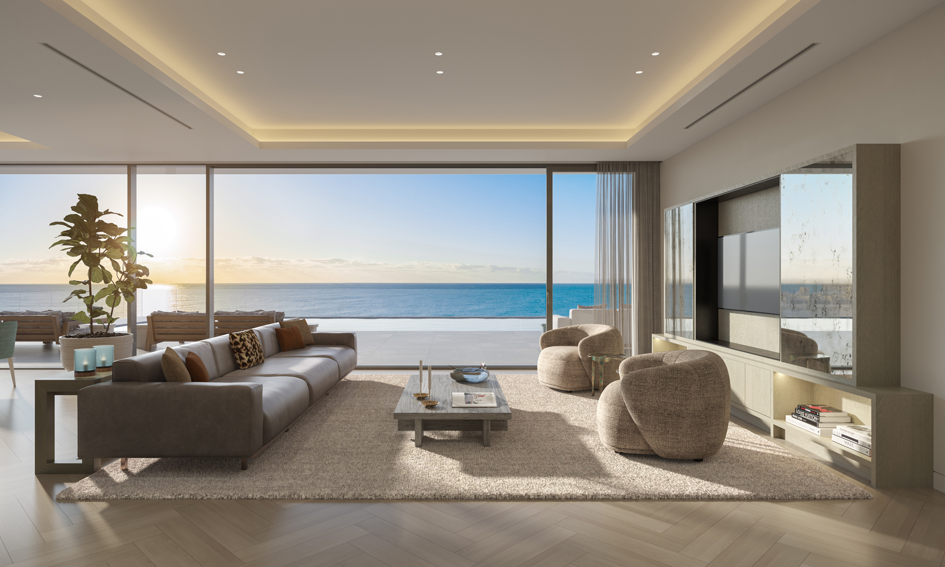 Rosewood Residences Hillsboro Beach living room interior with panoramic ocean views