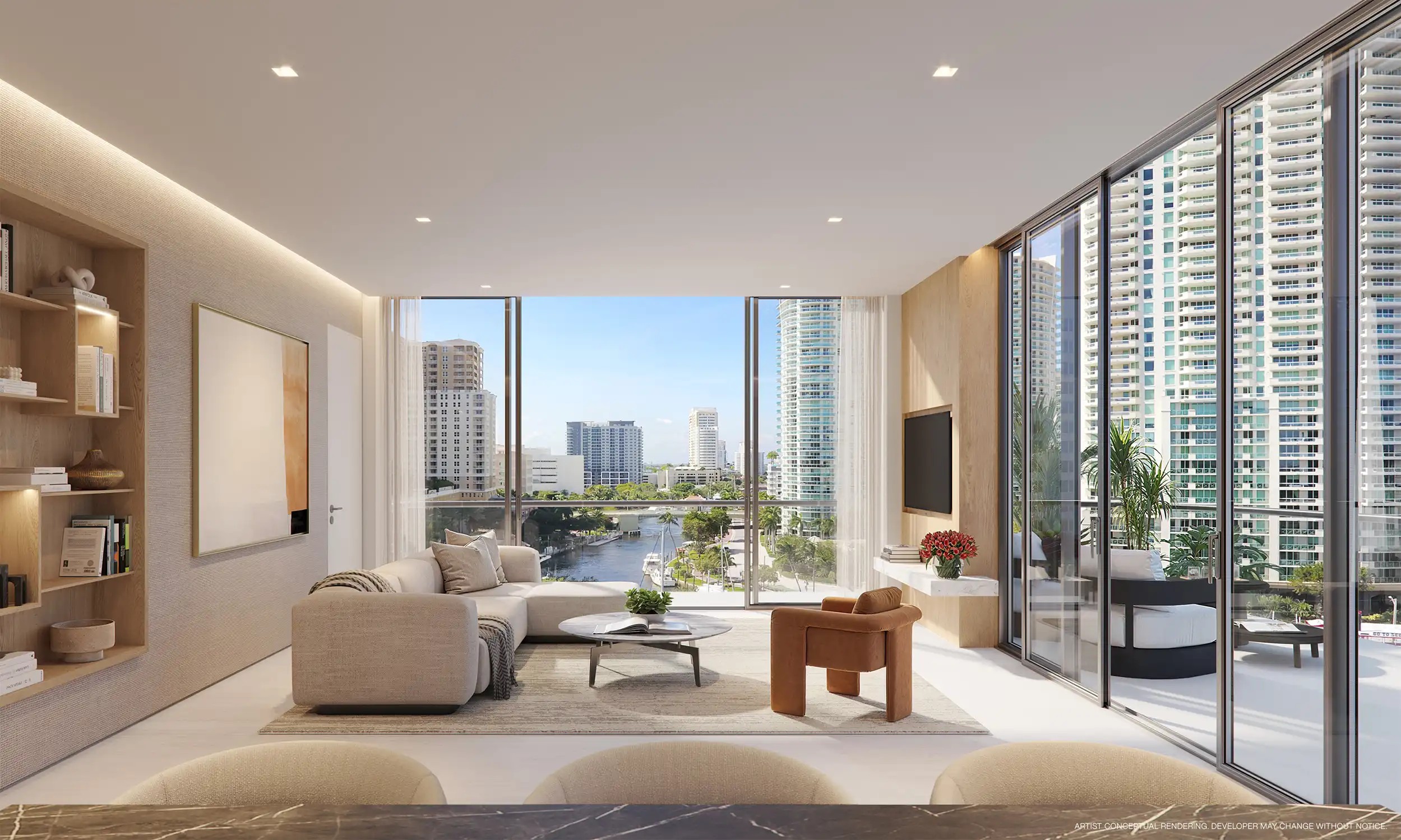 Living room rendering of Sixth&Rio residence with floor-to-ceiling windows and river views Fort Lauderdale