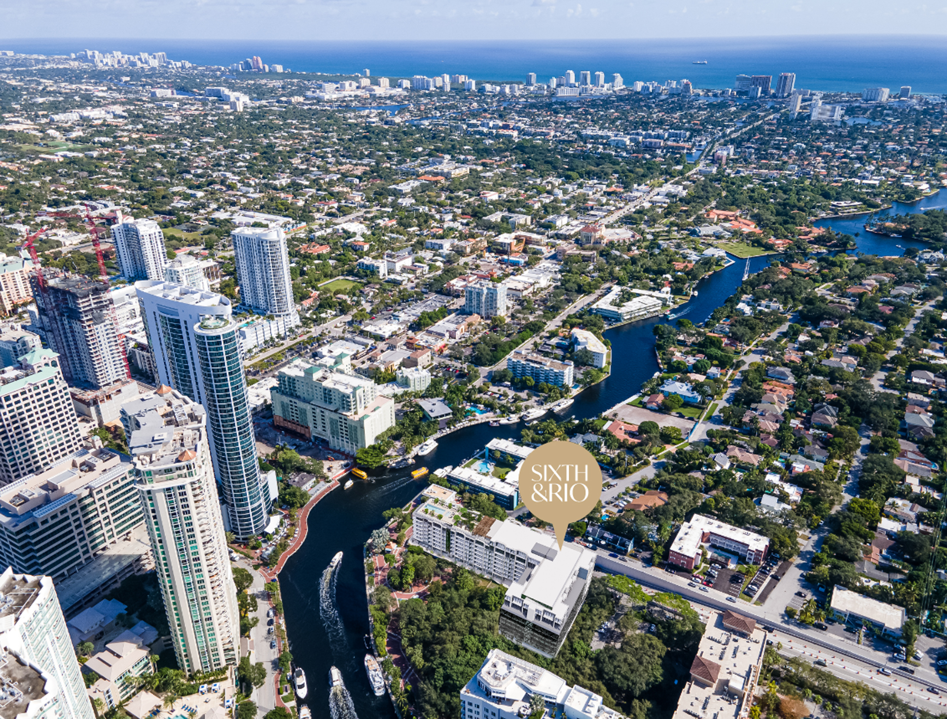 Aerial location view of Sixth&Rio at 501 SE 6th Avenue along the New River in Fort Lauderdale