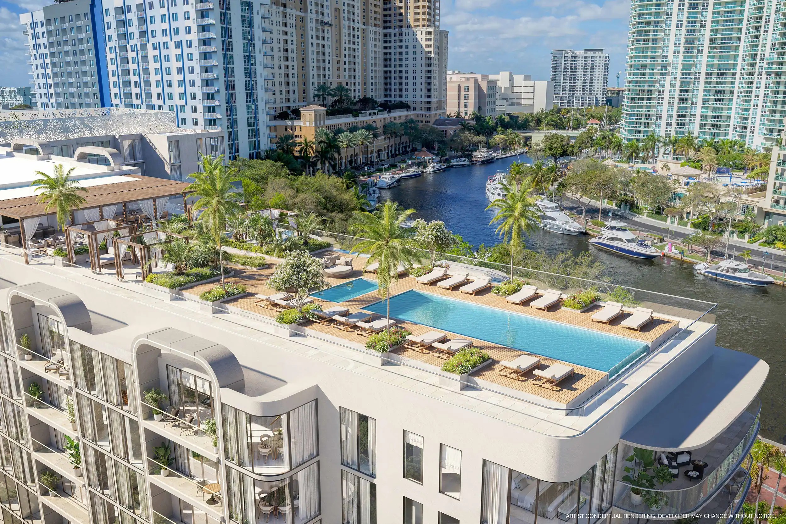 Rooftop sky terrace rendering at Sixth&Rio with infinity-edge pool and New River views Fort Lauderdale