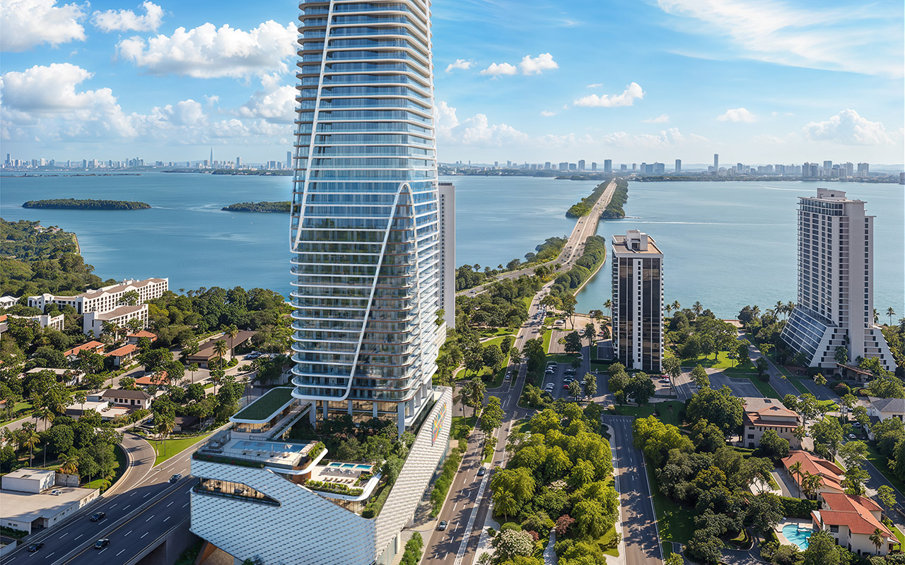 Aerial rendering of Anantara Miami Resort and Residences tower above Biscayne Bay